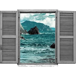 Queence "Klippen im Meer", Wandsticker, Wandbild, selbstklebend, 3D, Fenster,