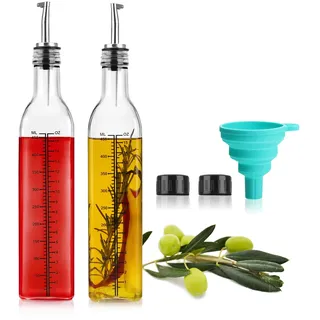 com-four® 7-teiliges Set - 2 Glas-Ölflaschen mit Skala je 500ml, 1 Trichter, 2 Deckel-Aufsätze, 2 Ausgießer mit Kläppchen - Ölspender zum Mischen für Öle, Essig, Likör, Spirituosen
