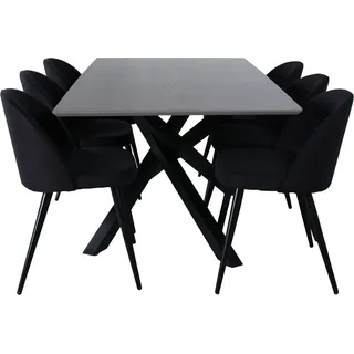 PiazzaGRBL Essgruppe Esstisch grau und 6 Velvet Esszimmerstühle schwarz. - Schwarz