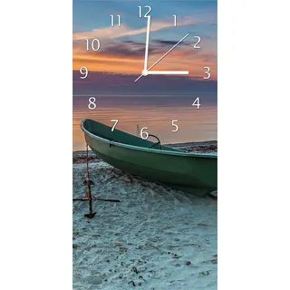 Wallario Design Wanduhr Einsames Fischerboot mit Anker am Strand aus Echtglas, Größe 30 x 60 cm - Blau