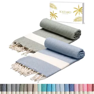 SOLTAKO Premium Hamamtuch Diamant Fouta 2er Set 100x200, Hellblau/Khaki | 100% Baumwolle mit Diamant-Muster, schnelltrocknend und saugfähig - auch als Saunatuch, Badetuch, Yogatuch oder Reisetuch