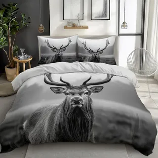 Generisch Bettdecke Set Tier Hirsch 3D Bettwäsche Set 200 x 200 cm Bettbezug, Mikrofaser Mit Reißverschluss Und Kissenbezug Schwarz und Weiß Bettbezüge Weicher Flauschiger Waldtiere Wendebettbezug