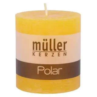 Müller Kerzen Polar Stumpenkerzen 75/68 mm, Raureif-Effekt, Hochwertige Stumpenkerze für ein besonders langanhaltendes gemütliches Ambiente, 1 Packung = 4 Stück, gelb