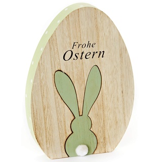 Heitmann Deco Osterei aus Holz - Deko-Ei mit Hase und Schriftzug Frohe Ostern - Dekofigur - Tischdeko für Ostern und Frühling - Natur/Grün