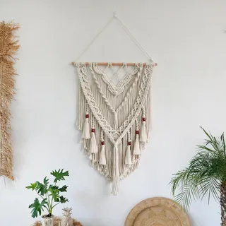 ANAZOZ Boho Makramee Wandbehang, Wanddeko Makramee Baumwolle Gewebte Mit Quasten Holzperlen Wand Tapisserie Böhmische für Schlafzimmer Wohnzimmer Kinderzimmer, 80x50cm Beige