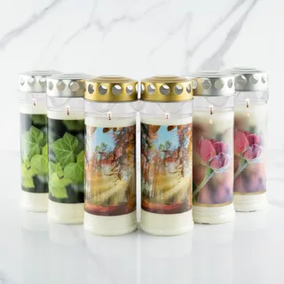 6er Set HOFER GRABKERZEN 7 Tage Brenndauer - Das Original [Stille Select] Trauerkerzen mit Deckel | Grablicht, Friedhofskerze mit Motiv und Spruch | Kerzen für Grabdeko und Grabschmuck