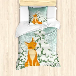 ABAKUHAUS Fuchs Mantele, Red Fox Winterwald Weihnachten, Milbensicher Allergiker geeignet mit Kissenbezügen, 135 cm x 200 cm - 80 x 80 cm, Almond, Grün, Orange - Orange
