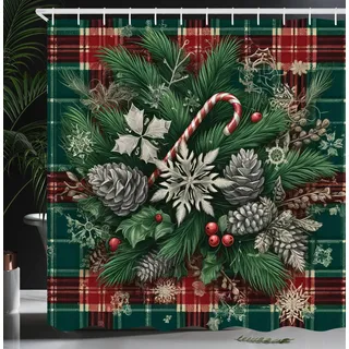 ABAKUHAUS Weihnachten Duschvorhang, Traditioneller Weihnachtsornament, Stoffliches Gewebe Badezimmerdekorationsset mit Haken, 175 x 200 cm, Grün Grau Rubin