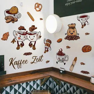 HGDESIGN® Wandtattoo Wandaufkleber Kaffee Kaffeebohne Kaffeetasse Kaffee Zeit Coffeetime Frühstück Brenzel Wandsticker Wanddeko für Küche Esszimmer (A)