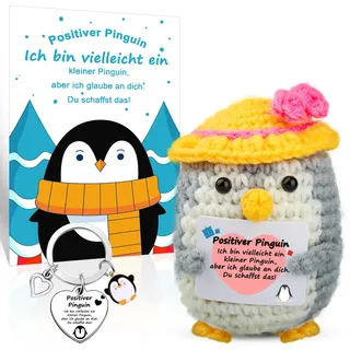 Positive Penguin Geschenk, Pocket Hug Pinguine mit Schlüsselanhänger, Emotional Support Strickwolle Pinguin, Positive Mutmacher Geschenke für Krebspatienten, Glücksbringer für Einschulung (Gelb)