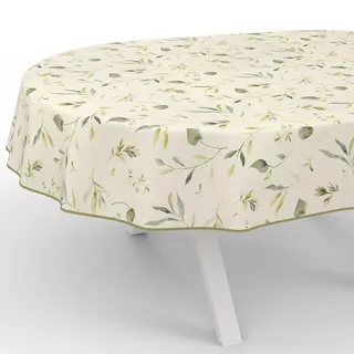 ANRO Wachstuchtischdecke abwaschbar Oval 240 x 140 cm Beige/Weiß