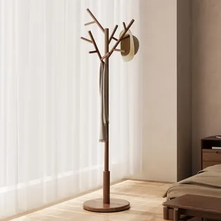 AQIMUELE Garderobenständer Holz, Kleiderständer Massivholz, Jackenständer Baumform, 12 Haken für Jacken, Hüte, Höhe 180 cm, für Flur, Wohnzimmer (Walnuss)