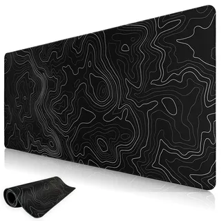 Niviy Mauspad Schwarz Minimalistische Topografische Karten Schreibtischunterlage,Waschbares Mousepad XXL Gaming mit Genähten Kanten für Tastatur, PC Maus und Laptop 1200x600mm