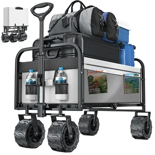 KESSER® Bollerwagen faltbar mit Breite Reifen Handwagen Transportkarre Gerätewagen | inkl. 2 Netztaschen | klappbar | Kunststoff-Reifen | bis 150 kg Tragkraft transportwagen Gartenanhänger - Grau