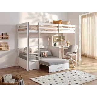 Hochbett mit Schreibtisch, Schlafsofa & Stauraum - 90 x 200 cm - Kiefernholz & MDF - Weiß - GOLIATH III