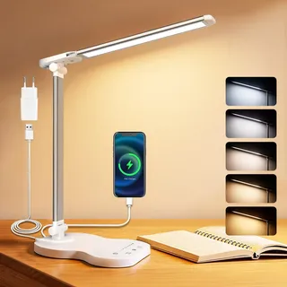 Caldarax Schreibtischlampe LED Dimmbar, Augenschutz Desk Lamp, 5 Farben und 10 Helligkeitsstufen, mit Timer und Touch Steuerung, Tischlampe USB-Anschluss für Lektüre, Büro, Nachttisch, Studie(Weiß)