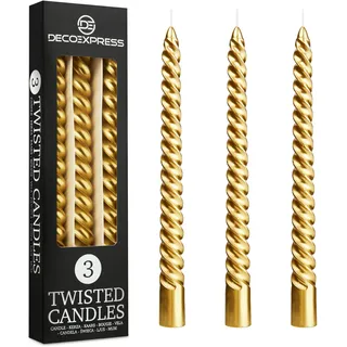 DECO EXPRESS Stabkerzen Set 3er oder 6er, Gedrehte Spiralkerzen, Bunte Kerzen, Brenndauer 6 Stunden Unparfümiert (Gold, 3er-Pack)