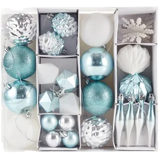 Heitmann Deco 29er Set Christbaumkugeln Sortiment - Weihnachtsschmuck zum Aufhängen - Kunststoff Christbaumschmuck türkis weiß Silber