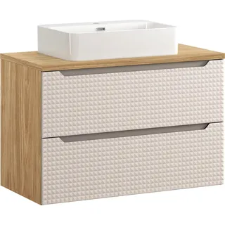 Badezimmerschrank 90 cm mit Eichenplatte und Aufsatzwaschtisch Trust - Beige, Braun