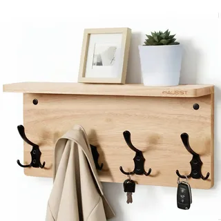 HAUSIST Wandgarderobe mit Ablage, Wandregal mit 4 Dreifachhaken Kleiderhaken, Eichenholz Massivholz Garderobenhaken Holz für Flure, Schlafzimmer, Wohnzimmer und Bad, Küche, Moderner