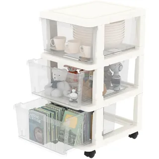 Cetomo Schubladenbox, Schubladenschrank, Aufbewahrungsturm mit Rollen, Kunststoff Schubladencontainer, Rollcontainer für Büro, Schlafzimmer, Wohnheim, Über DIN A4, Weiß & Transparent - 3 Schubladen