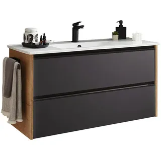 Sadena Waschtischkombi , Schwarz, Eichefarben, Weiß Hochglanz , Metall , 2 Schublade(n) Schubladen , 101 cm , hängend , Badezimmer, Waschbecken & Armaturen, Waschtische