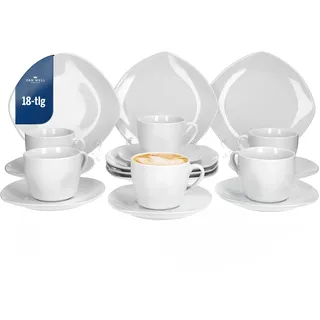 Van Well Lilli Kaffeeservice für 6 Personen, 18-teiliges eckiges Porzellan Geschirr Set in Weiß mit geschwungenen Kanten für die perfekt gedeckte Kaffeetafel – Spülmaschinengeeignet
