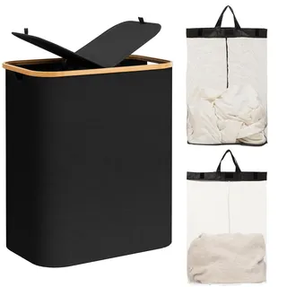 HBselect Wäschekorb mit Deckel 140L, Wäschesammler mit Griff 2 herausnehmbare Wäschesack, faltbare Wäschekorb mit 2 Beuteln Bambus-Stoff Laundry Basket Schwarz