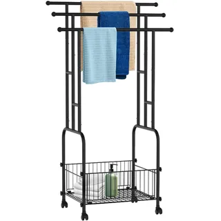 Handtuchhalter,Freistehender Handtuchständer auf Rollen,Metallleiter Handtuchleiter stehend, Trockenständer mit 3 Handtuchstangen und Aufbewahrungsregal als Bad Pool & Balkon,107.5Hx61.5B x34Tcm