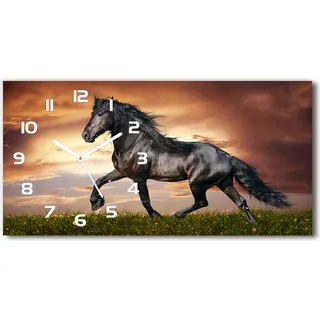 Wanduhr aus Glas – 60x30 cm - Glasbild - Glasuhr - Gehärtetes Glas - weisse-zeiger - Kacken Pferd - Weiß