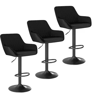 Barhocker 3er Set, Höhenverstellbar Tresenhocker, Schwarz | 360° Drehbar, mit Rückenlehne und Armlehne, Samtstoff, Drehbarer Barstuhl, mit Fußstütze, unterstützt bis zu 150 kg - Schwarz
