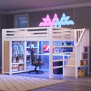 Flieks Etagenbett 160x200cm mit Kleiderschrank, Jugendbett Metallbett mit Led und Ladefunktion, Kinderbett mit Schreibtisch, Weiß - Weiß