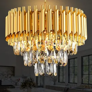 MSSIAN Gold Kristall Kronleuchter 3-Ebene Esszimmer Kronleuchter Leuchten Moderne Kronleuchter für Esszimmer Kleine Anhängerleuchter für Wohnzimmer Foyer Küche Insel Eingang Runde 5-Licht W40CM