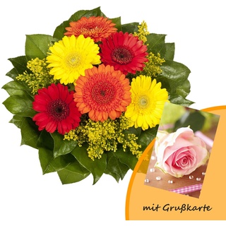 Dominik Blumen und Pflanzen, Blumenstrauß "Marlene" mit bunten Gerbera und Goldrute und Grußkarte "Rosen"