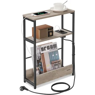 VASAGLE Beistelltisch schmal, Nachttisch mit Ladefunktion, Couchtisch klein, 3 Ablagen, Zeitschriftenhalter, für Wohnzimmer, Schlafzimmer, Arbeitszimmer, Greige meliert-tintenschwarz LET335K05