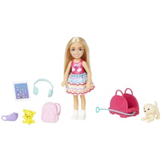 Barbie-Spielzeug, Chelsea-Puppe und Accessoires, Reiseset mit Hündchen und 6 Teilen, einschließlich Hundetragekorb, HJY17