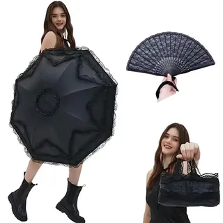 JCBFUME Damen Sonnenschirm, UV-Schutz, Lolita-Spitze, UV-beständig, faltbar, Kuppel-Sonnenschirm, Schwarz 2