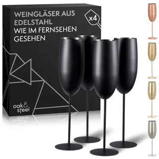 Oak & Steel - 4 Edelstahl Sektgläser Geschenkset (285ml), Champagner & Prosecco Gläser - Matte Schwarz - Unzerbrechlich - Halloween Tischdeko, Geschenkset für Weihnachten