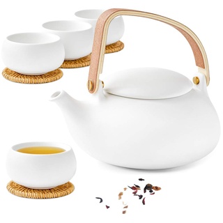 ZENS Keramik-Teekannen-Set, modernes japanisches Teekannen-Set mit Infusor für losen Tee, 800 ml, weiße, matte Porzellan-Teekanne mit 4 Teetassen & Rattan- Untersetzern, Geschenk für Frauen