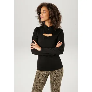 Langarmshirt ANISTON CASUAL, Damen, Gr. 40, schwarz, Single Jersey, Obermaterial: 95% Baumwolle, 5% Elasthan, unifarben, figurbetont hüftlang, Shirts Langarmshirt, mit raffiniertem Cut-out