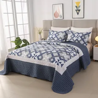Qucover Tagesdecke Blau Tagesdecke Bettüberwurf Landhausstil, Mikrofaser Tagesdecke Set mit 2 Kissenbezügen für Doppelbett, Leichte Sommerdecke Sofaüberwurf Überwurfdecke (Blau, 240x260cm)