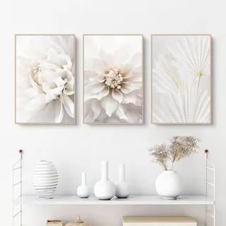 Sarah Duke 3er Poster Set Weiß Rose Blume Bilder, Moderne Leinwandbilder, Ohne Rahmen Wandbilder, Boho Bilder Set Wanddeko für Wohnzimmer Schlafzimmer (40x50cm)