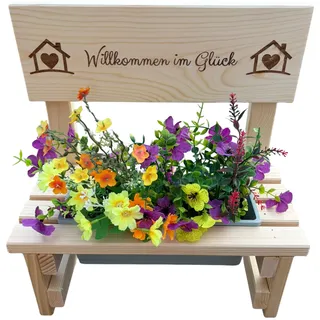 KlaSa Kreativwerkstatt Blumenbank aus Holz mit Gravur,Dekorative Pflanzbank mit Blumenkasten,Geschenk für Mama,Oma,Gartenbank für Balkon&Terrasse, Outdoor Muttertag (Willkommen im Glück)