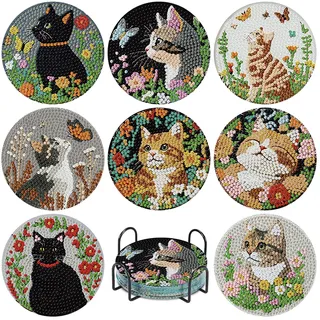 Miquans Art 8 Stück Katze Diamond Painting Untersetzer Mit Halter, Diamant Painting für Basteln Erwachsene, DIY Bottom Non-Slip Zubehör für Wohndekoration, Erwachsene 3.9inch