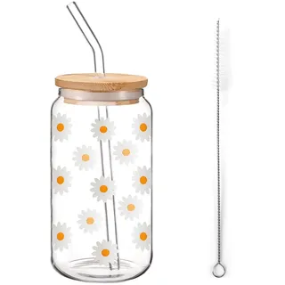 16 Oz Glasbecher mit Deckel und Strohhalm, Ästhetischer Trinkglas Tumbler, Blumenmotiv Glasbecher, Trinkgläser Dosenform mit Blumenmuster, Vielseitiges Trinkglas für Eiskaffee Bubble Tee Smoothies