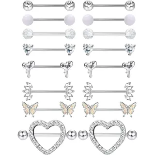 Adramata 8 Paar 14G Nippelpiercing Chirurgenstahl Brustwarzenpiercing Set CZ Schmetterling Nippel Piercing Set Kugel Herz Zungenstangen Nippelpiercing Körper Piercing Schmuck Damen