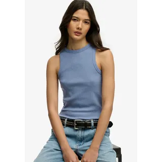 Tanktop SUPERDRY "ESSENTIAL LOGO RACER VEST", Damen, Gr. XL, blau (tidal blau), Jersey, Obermaterial: 100% Baumwolle, unifarben, regular fit normal, Rundhals, Tops Tanktop, aus Baumwolle, Regular Fit, mit Rundhalsausschnitt, ärmelloses Design
