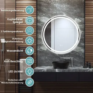 Runder LED-Spiegel Badezimmerspiegel zur Wandmontage 3000 K-6000 K Ø 60 cm - Silber