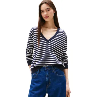 Tommy Jeans Damen Pullover Essential mit V-Ausschnitt, Mehrfarbig (Dark Night Navy/Stripe), XXS