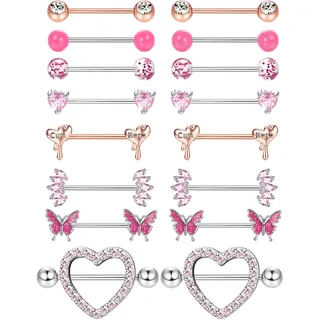 Adramata 8 Paar 14G Nippelpiercing Chirurgenstahl Brustwarzenpiercing Set CZ Schmetterling Nippel Piercing Set Kugel Herz Zungenstangen Nippelpiercing Körper Piercing Schmuck Damen